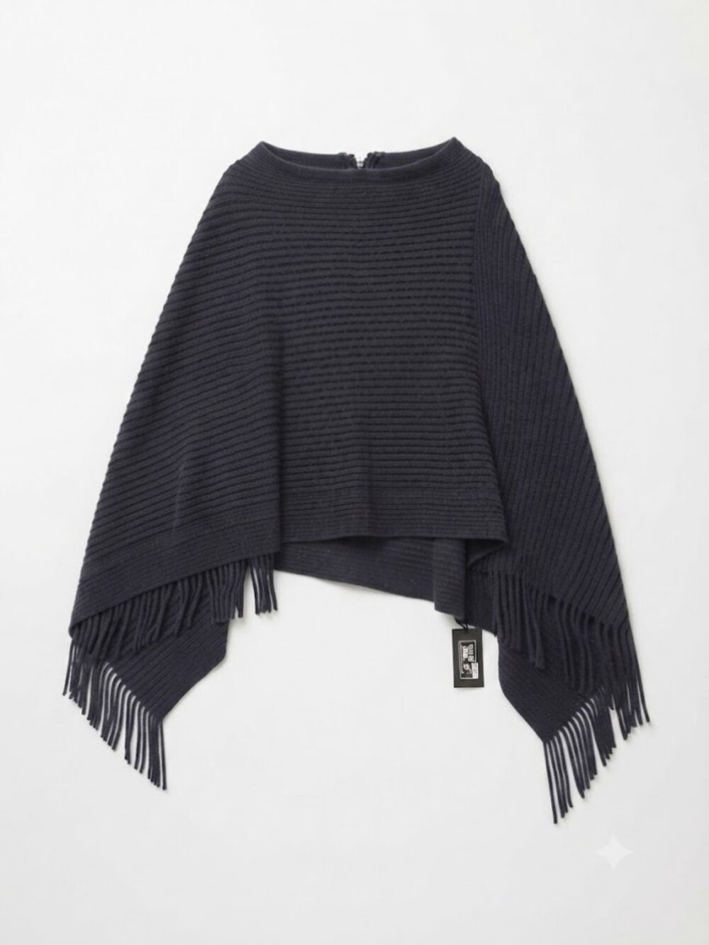 Fringed Rib-Knit Poncho in Dark Navy